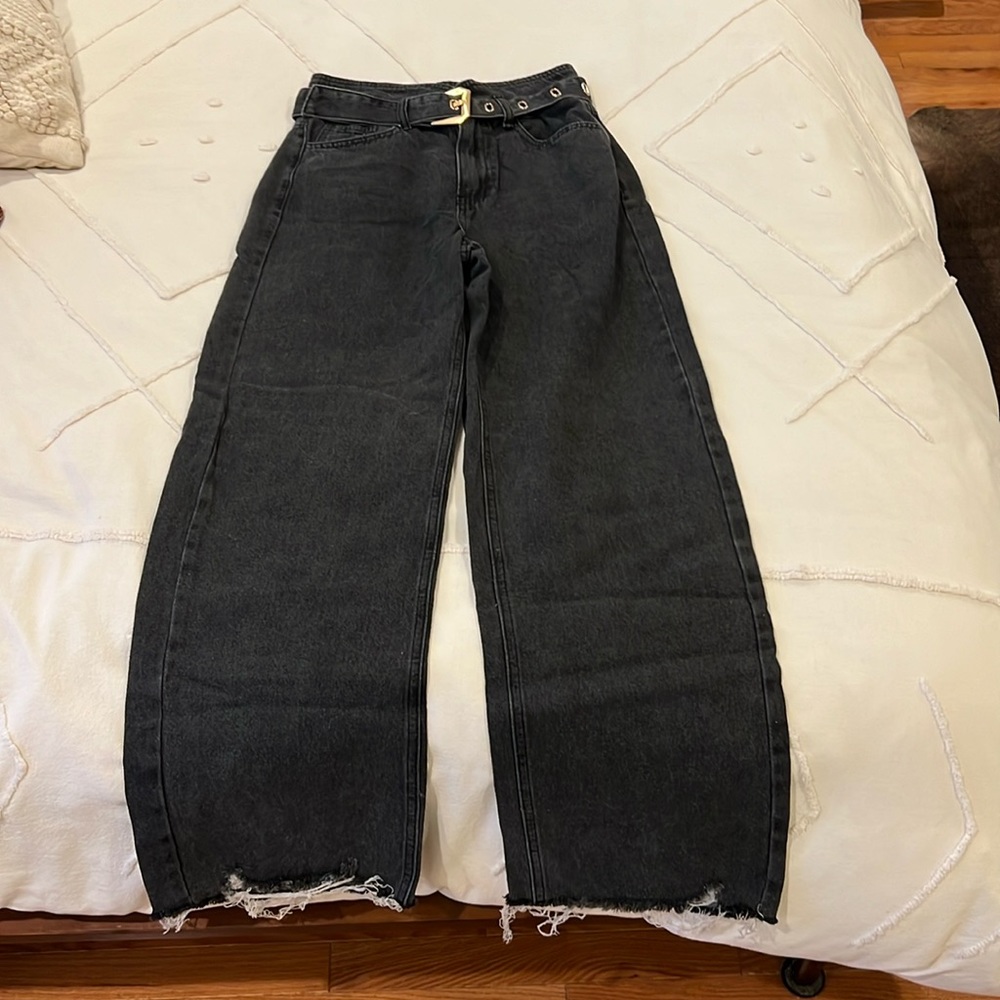 Dark gray, wide leg pants with detachable belt